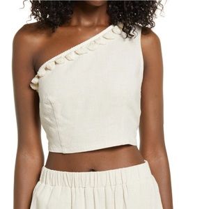 Beige natural linen tassel embellished one shoulder cropped top size small